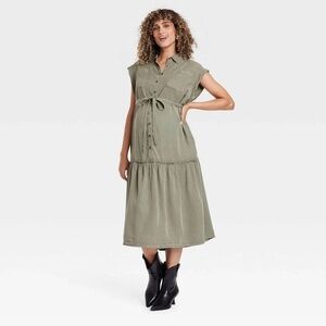 NWT Isabel Maternity Belted Utility Midi Maxi Dress Olive Green Size Medium